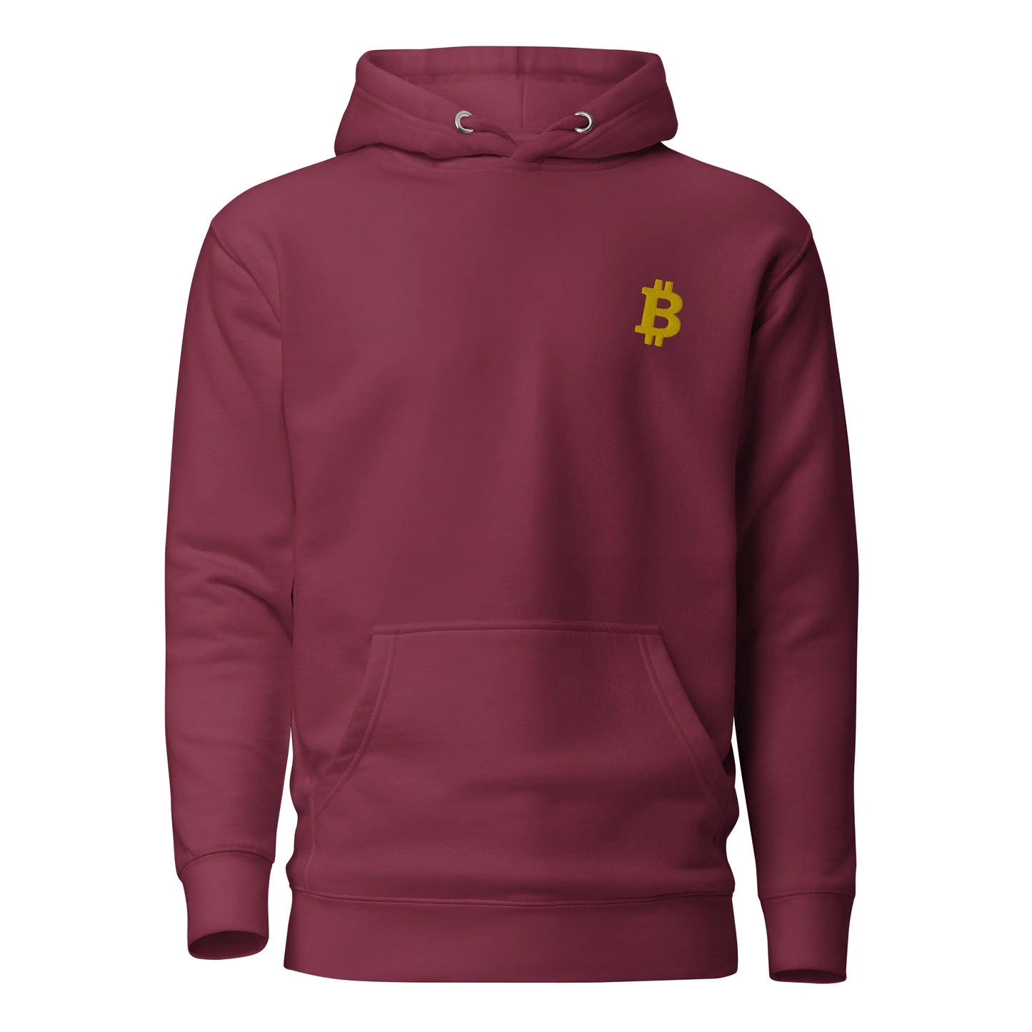 bitcoin hoodie - angled bitcoin embroidered - front view - maroon
