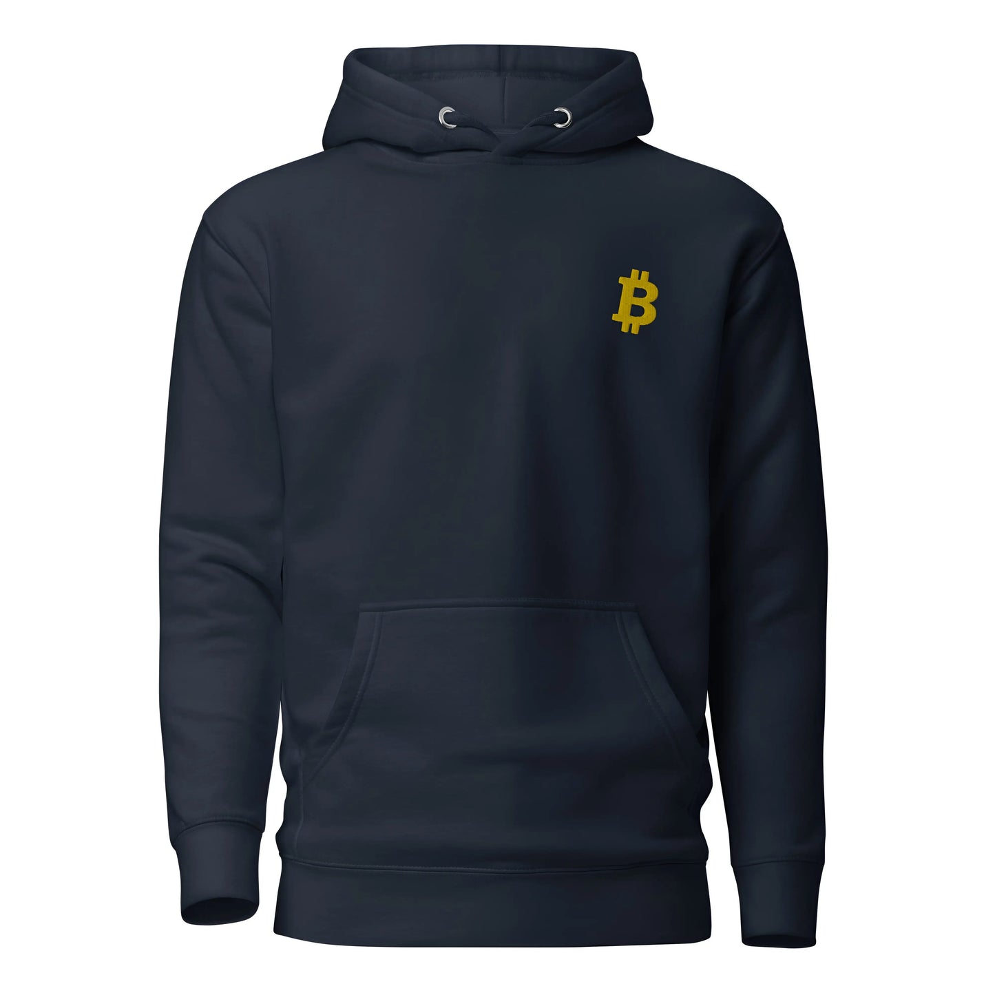 bitcoin hoodie - angled bitcoin embroidered - front view - navy blue
