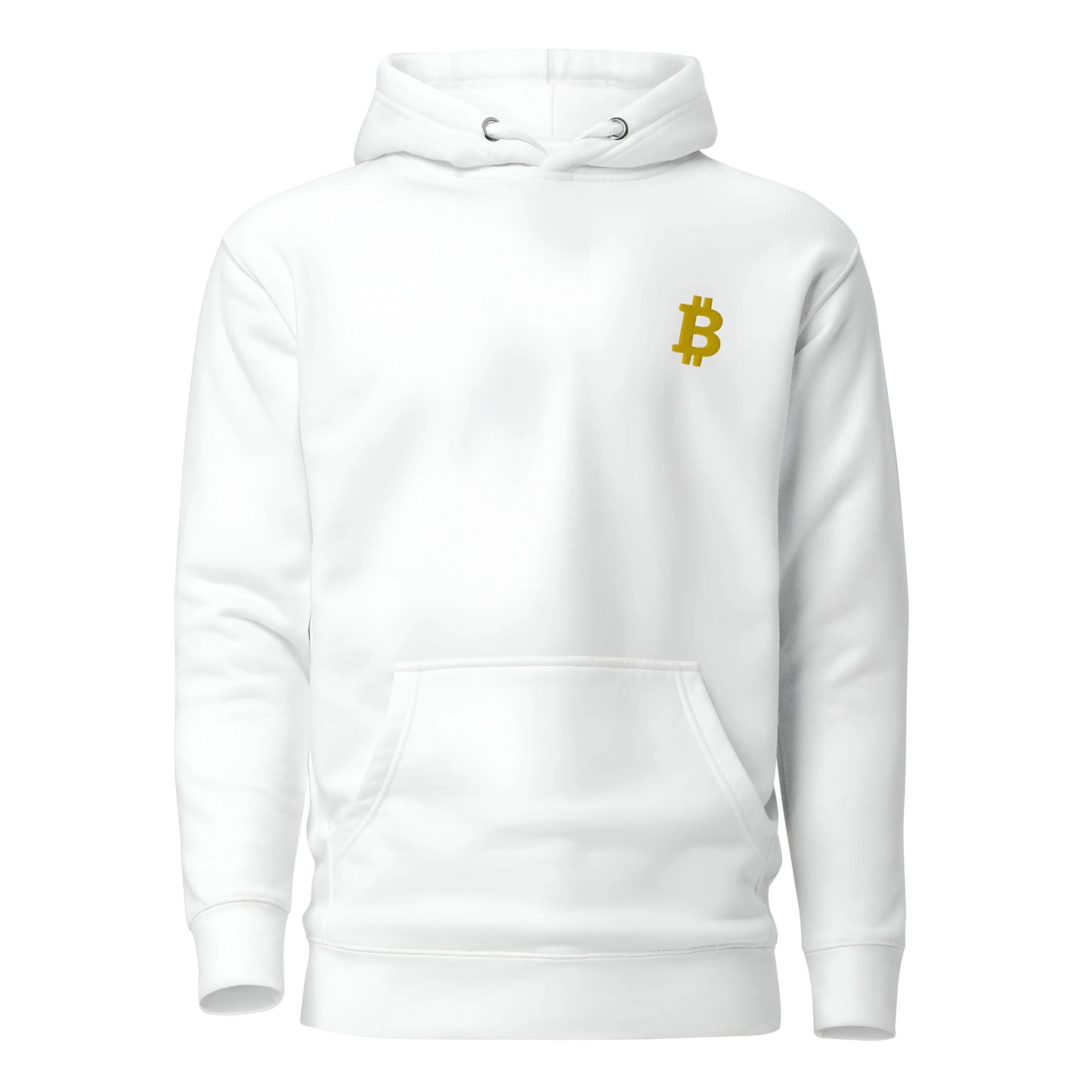 bitcoin hoodie - angled bitcoin embroidered - front view - white
