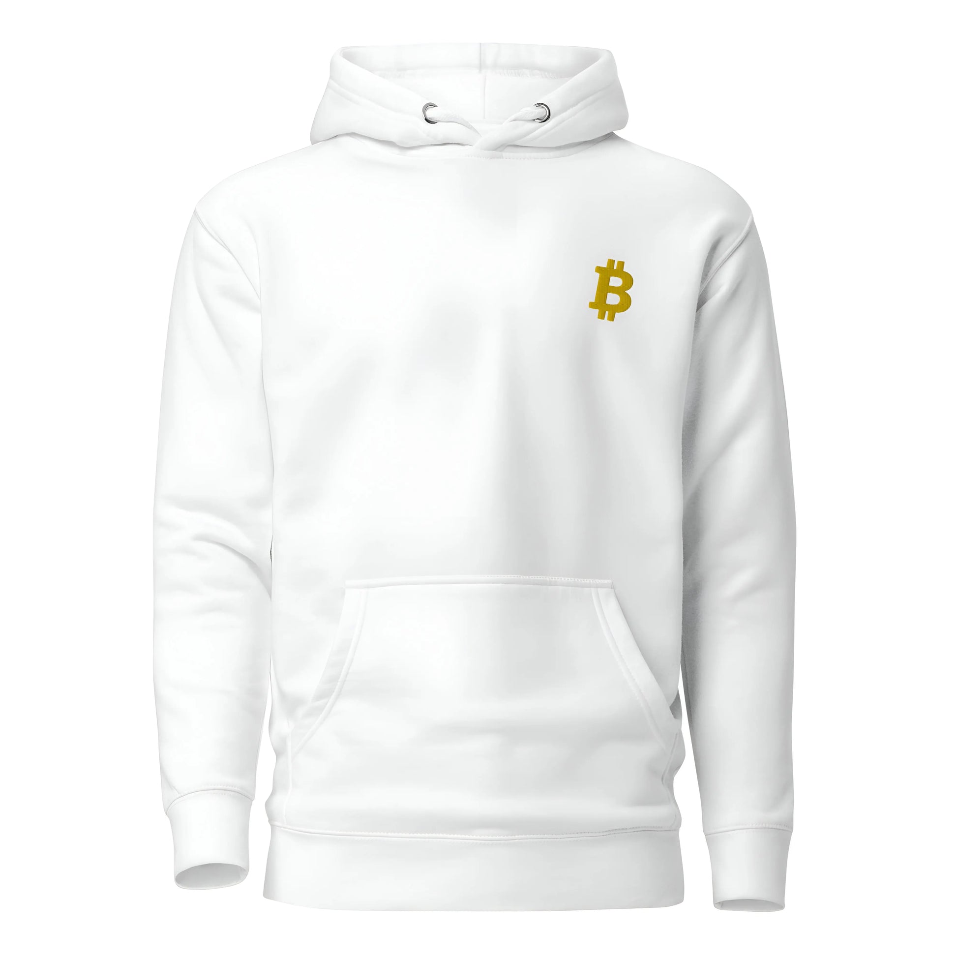 bitcoin hoodie - angled bitcoin embroidered - front view - white