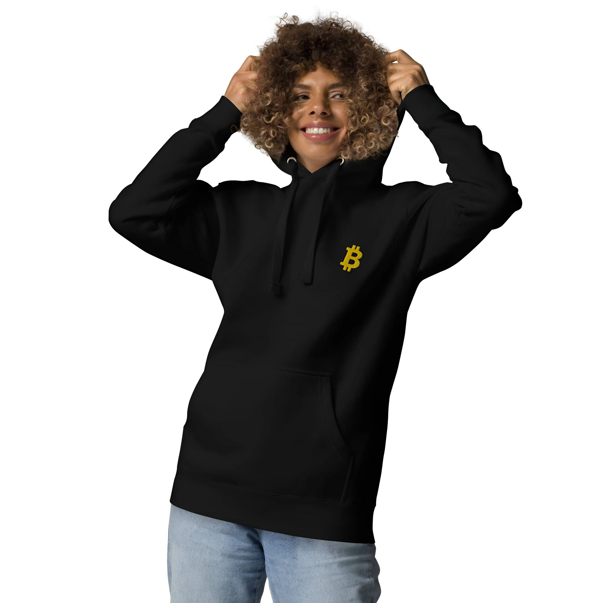 bitcoin hoodie - angled bitcoin embroidered - worn on model - black