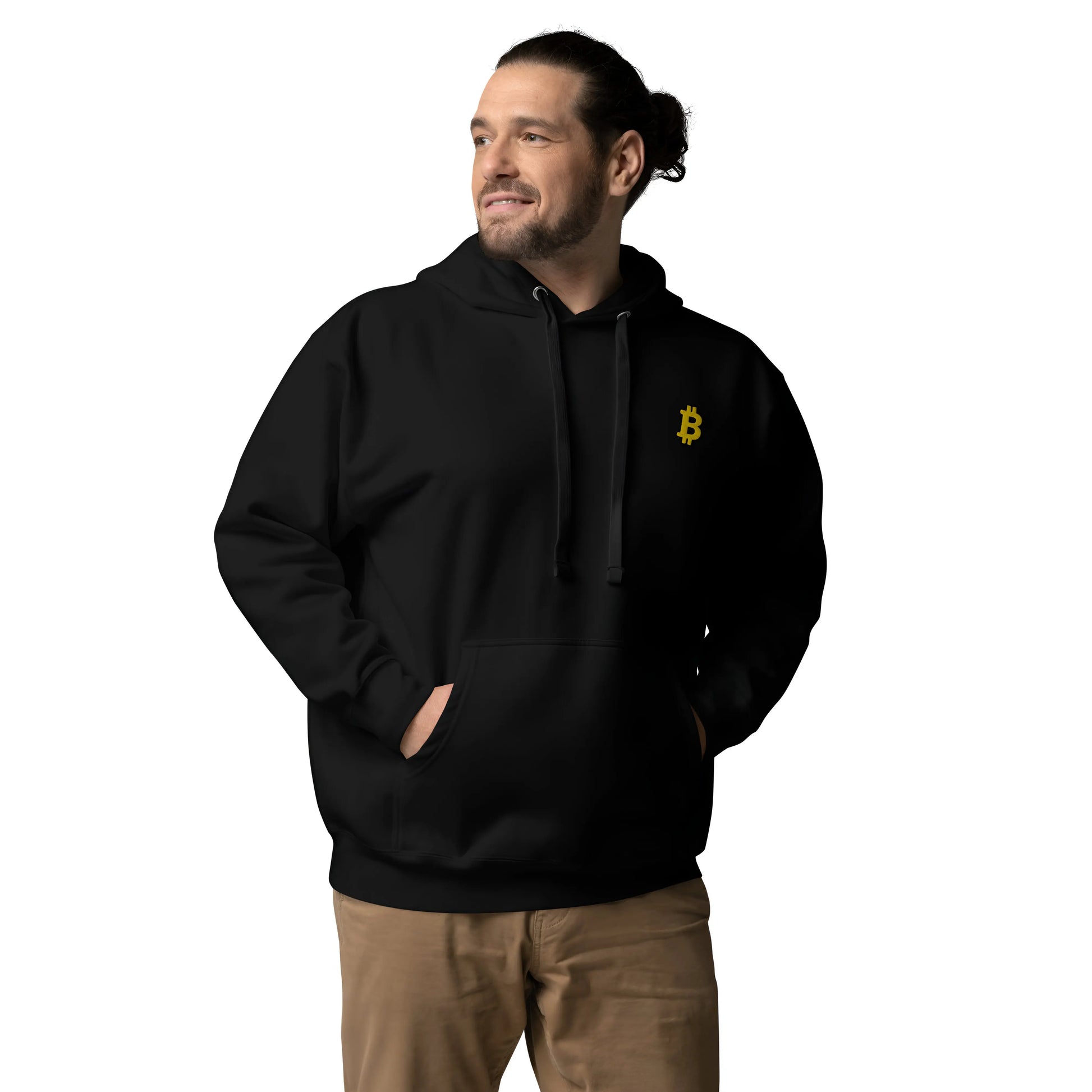 bitcoin hoodie - angled bitcoin embroidered - worn on model 