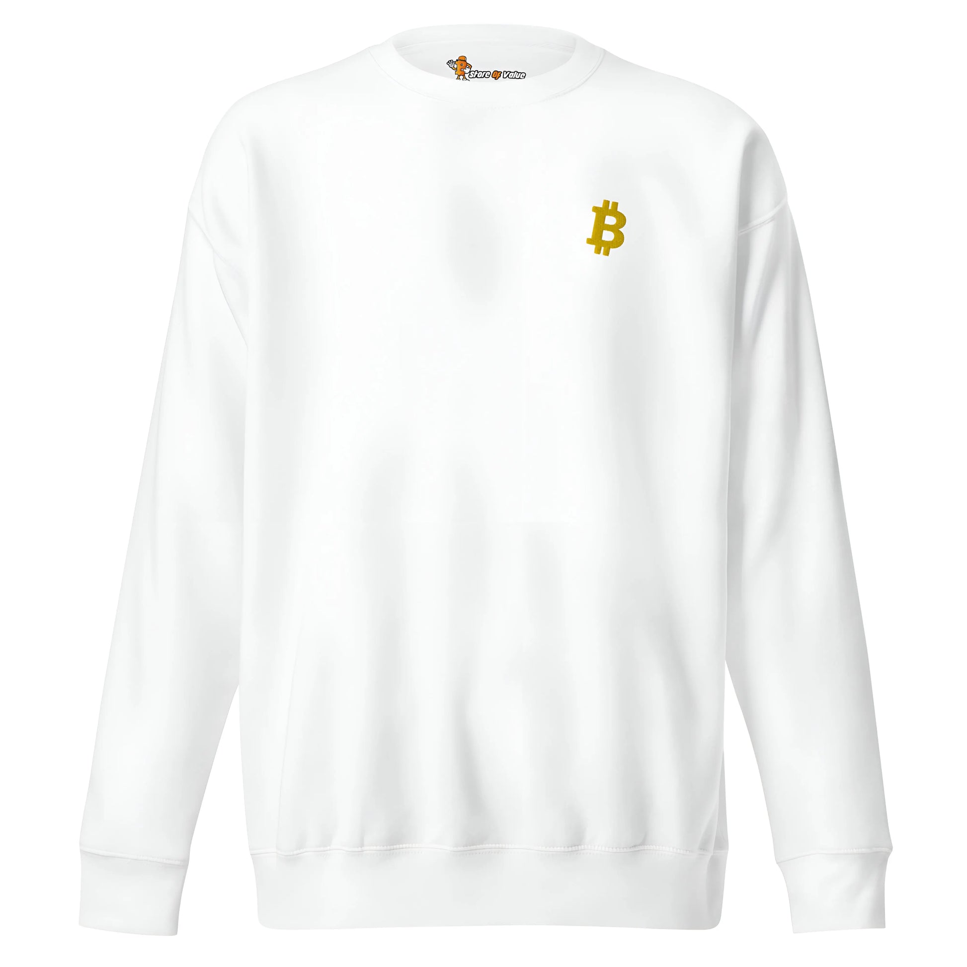 bitcoin embroidered sweatshirt - angled bitcoin - front view - white