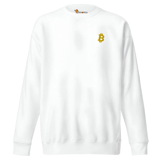 bitcoin embroidered sweatshirt - angled bitcoin - front view - white