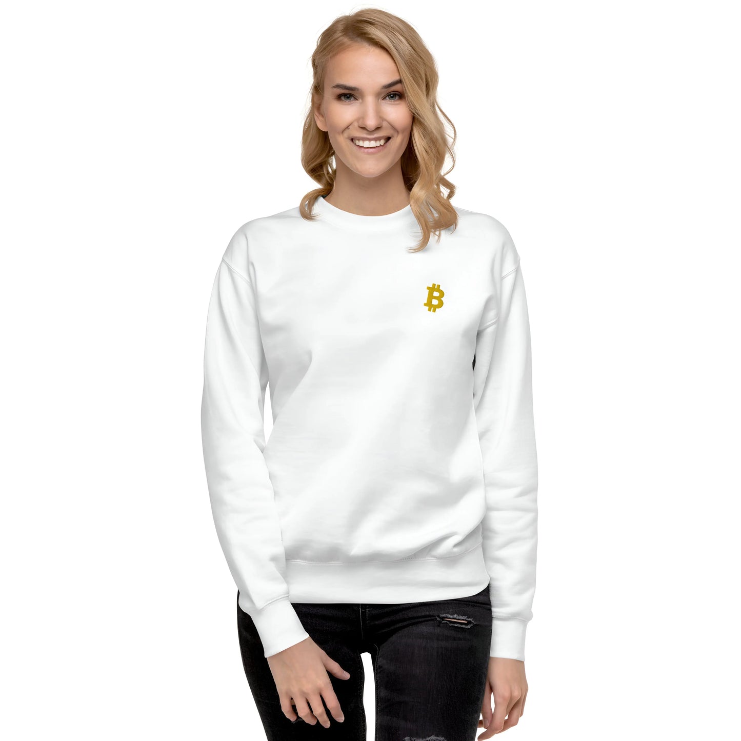 bitcoin embroidered sweatshirt - angled bitcoin - worn by female - white color
