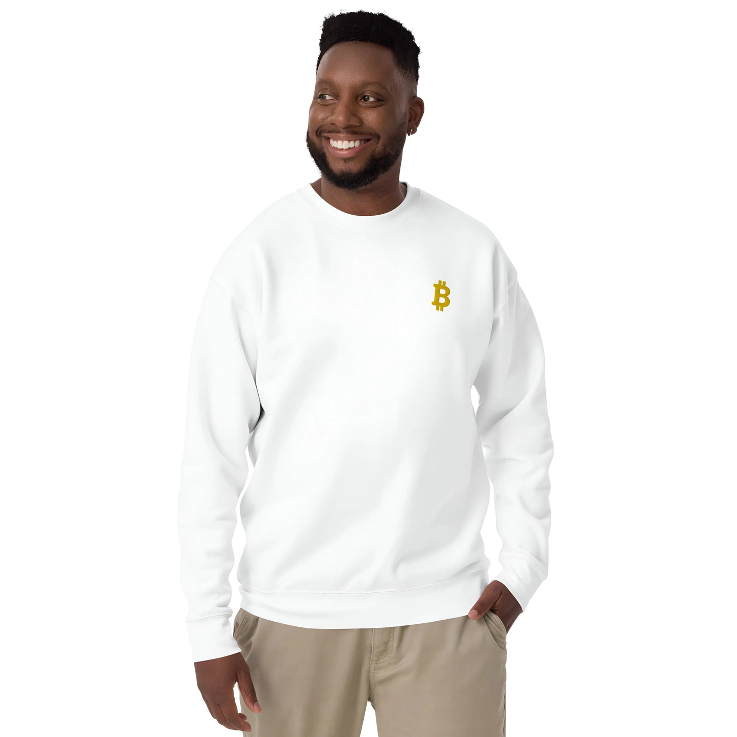 bitcoin embroidered sweatshirt - angled bitcoin - worn by male model - white color