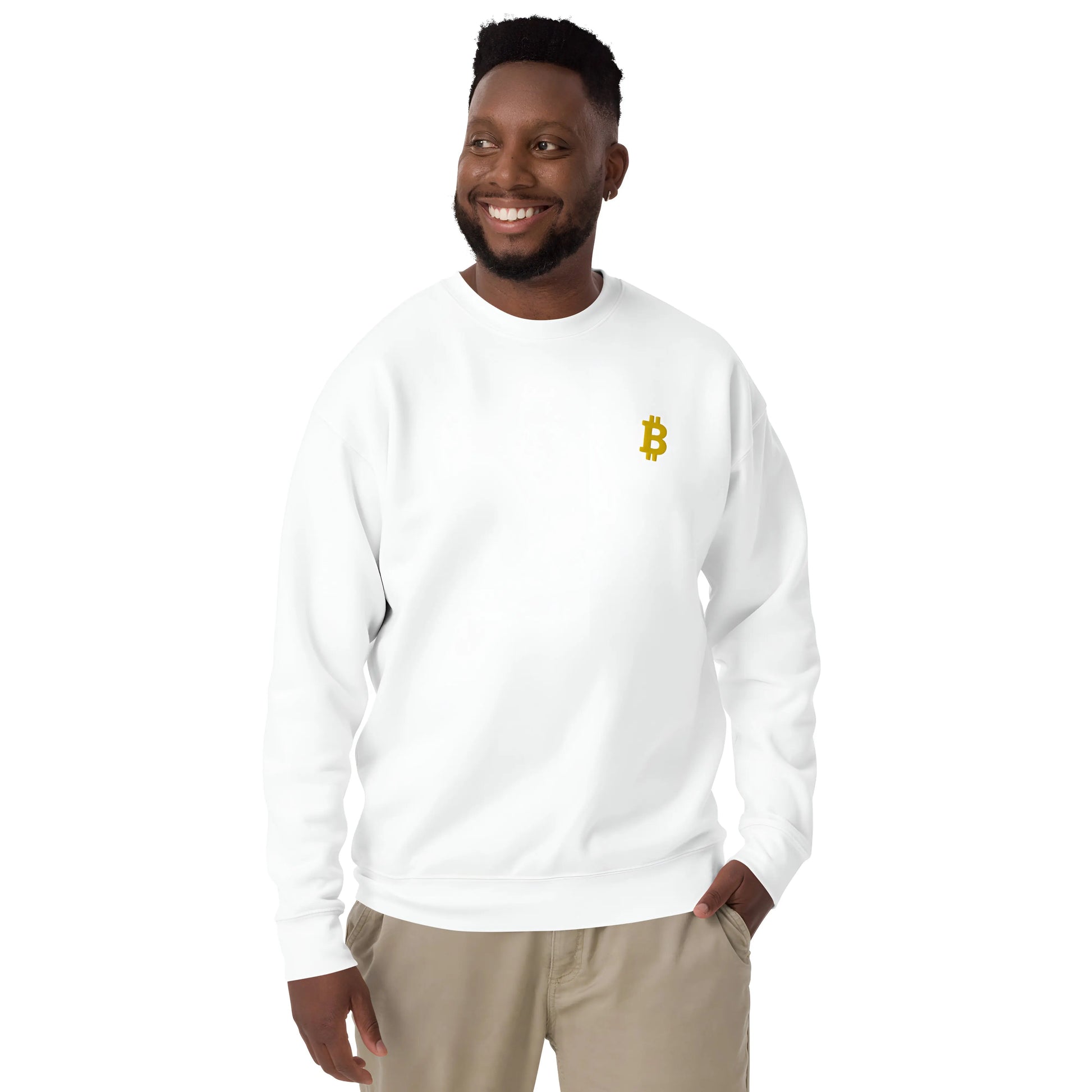 bitcoin embroidered sweatshirt - angled bitcoin - worn by male model - white color