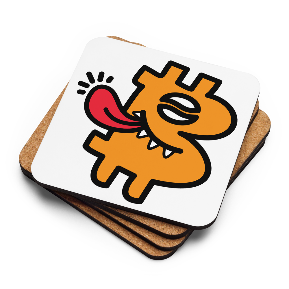 B-Coffee Bitcoin coaster stack by BitPopArt — cork backs + face up