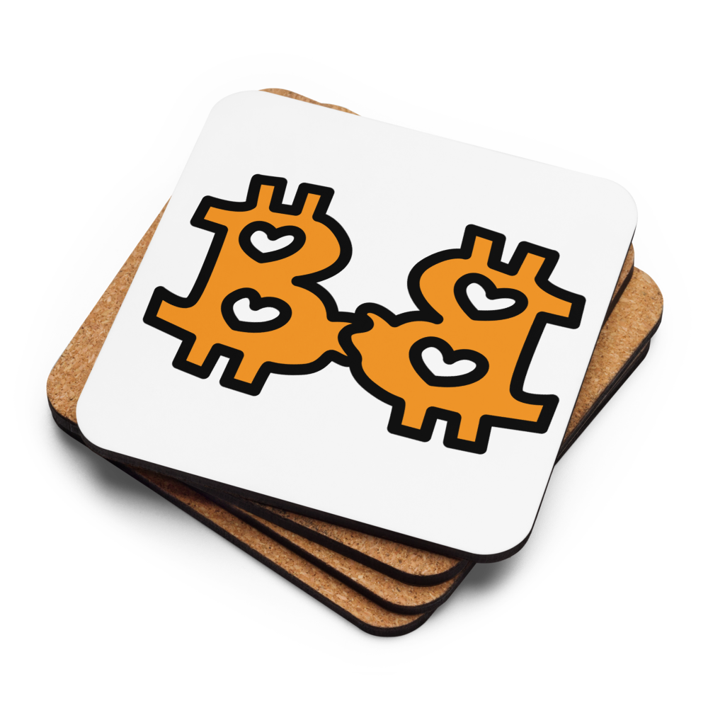 B – In Love Bitcoin coaster by BitPopArt – stacked with cork back