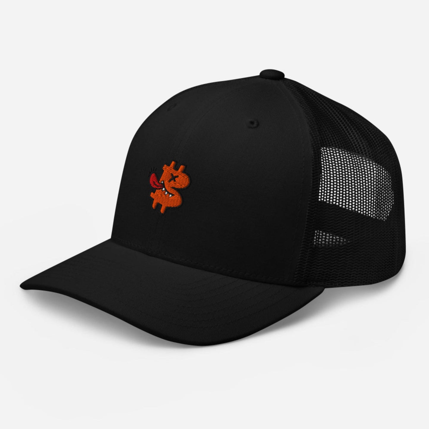 bitcoin trucker hat - be funny - angled front view - black