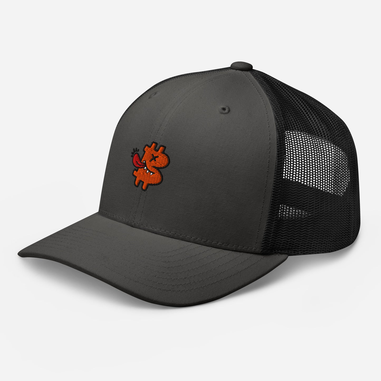 bitcoin trucker hat - be funny - angled front view - charcoal black