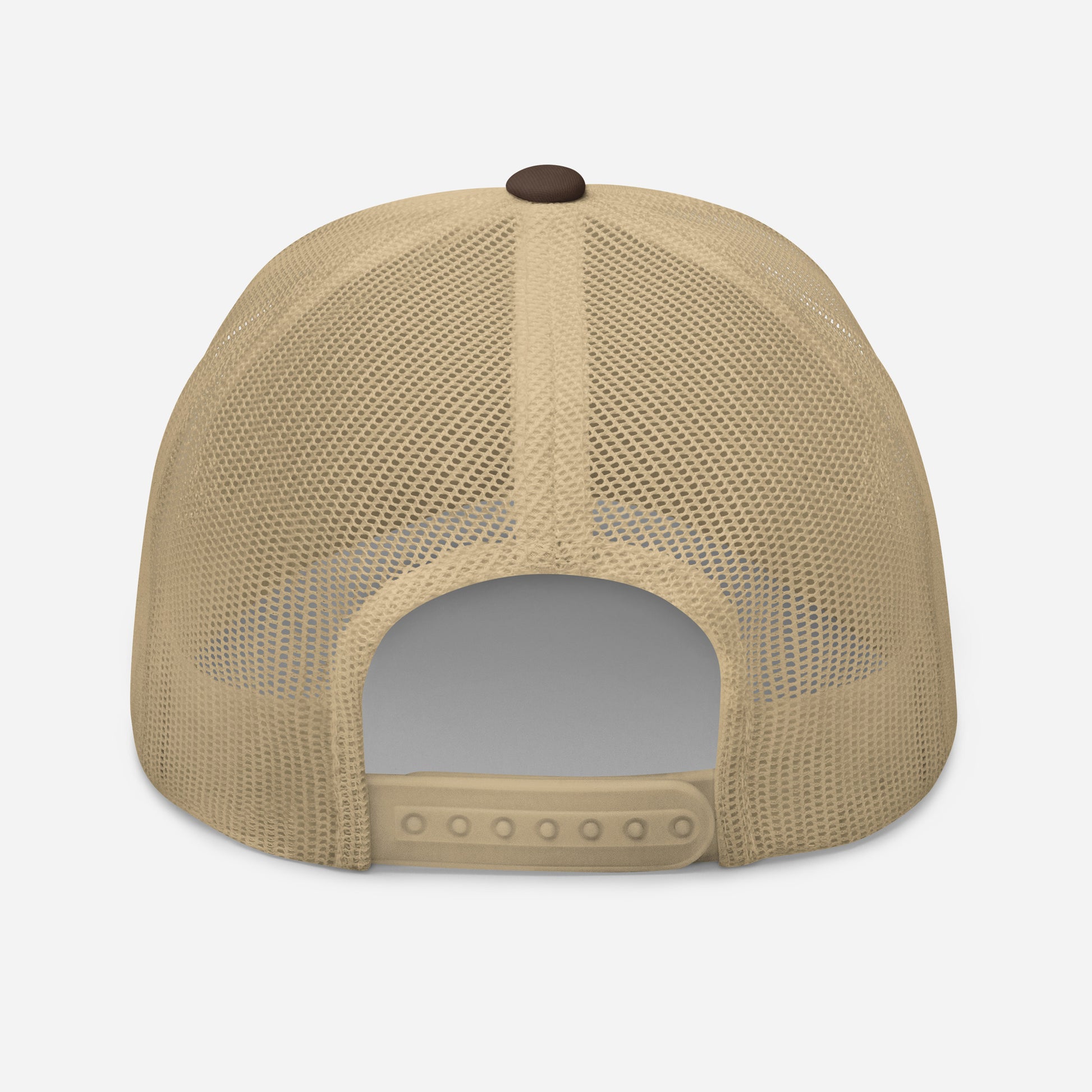 bitcoin trucker hat - be funny - back view - khaki brown