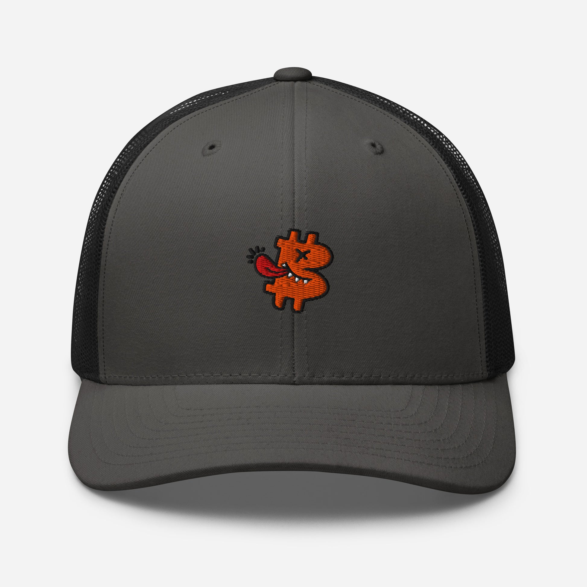 bitcoin trucker hat - be funny - front view - charcoal black