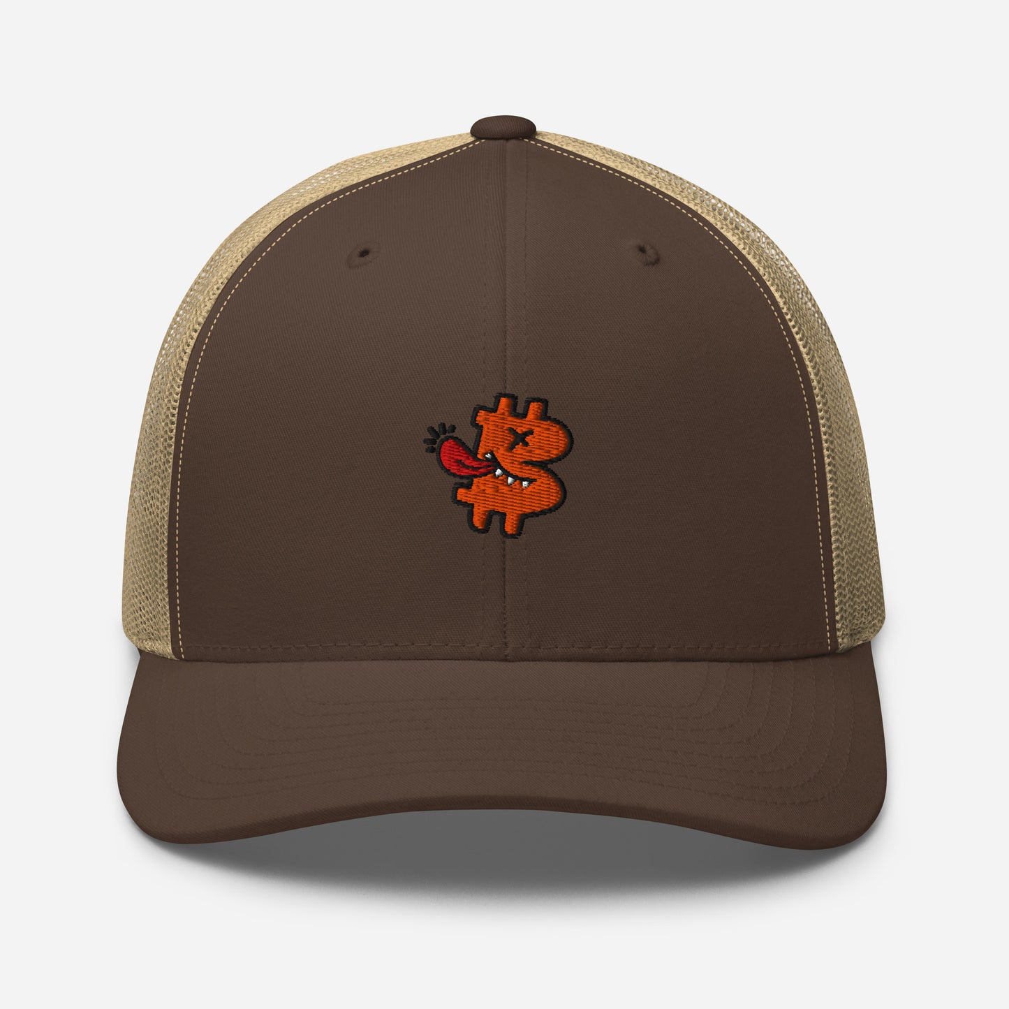 bitcoin trucker hat - be funny - front view - khaki brown