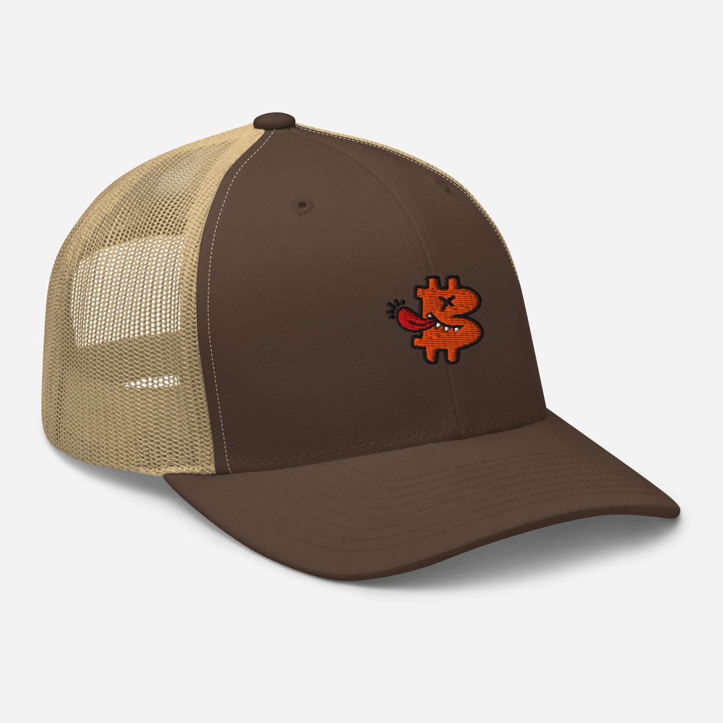 bitcoin trucker hat - be funny - side view - khaki brown