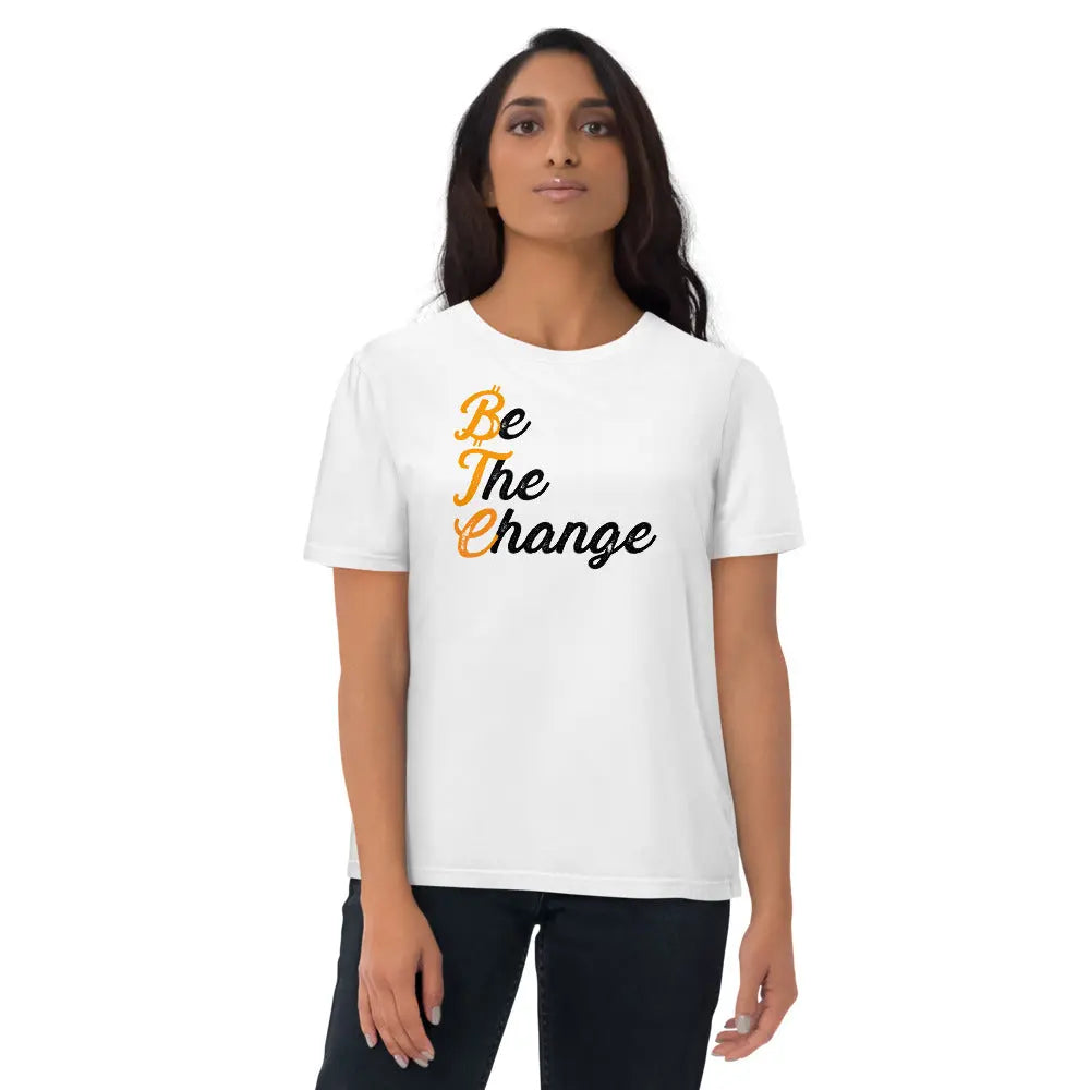 Bitcoin T-Shirt – Be The Change - worn on female model — white
