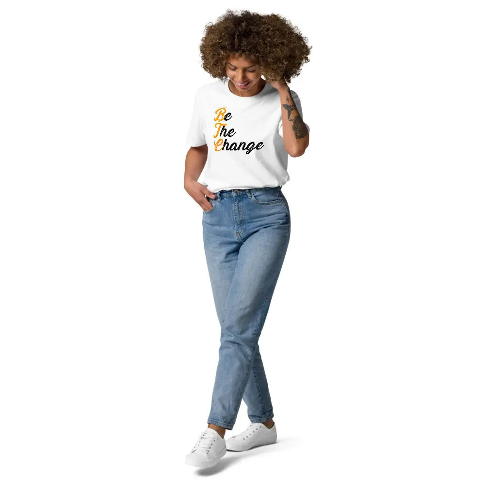Bitcoin T-Shirt – Be The Change - worn on model — white