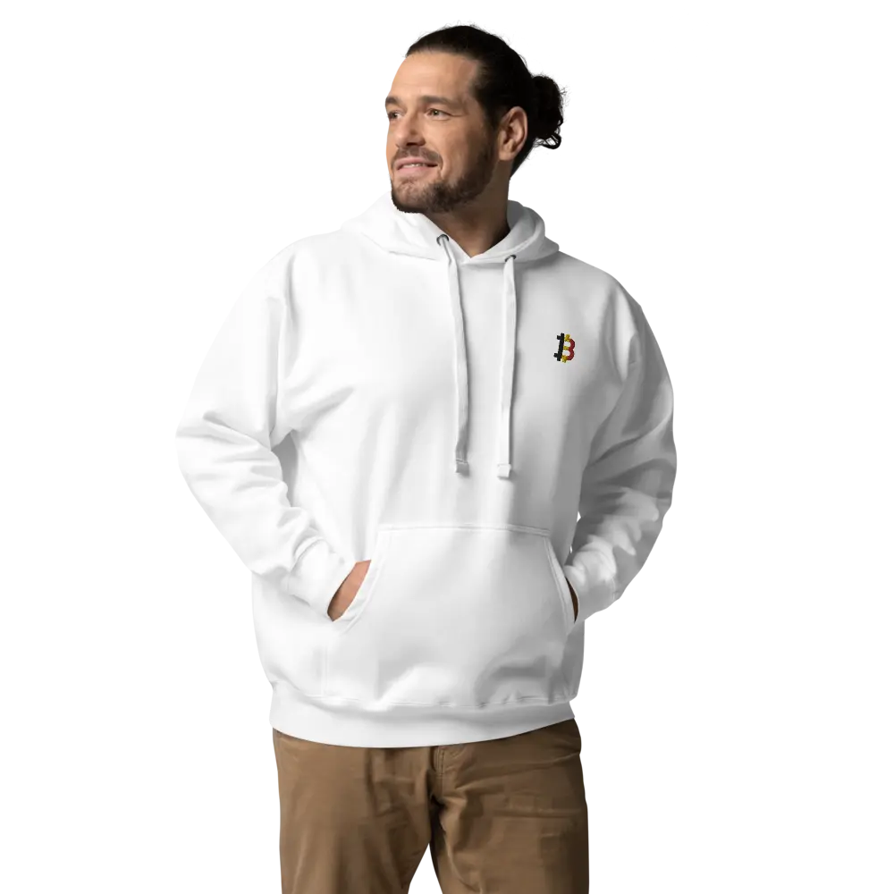 bitcoin hoodie - belgian bitcoin flag - worn by model