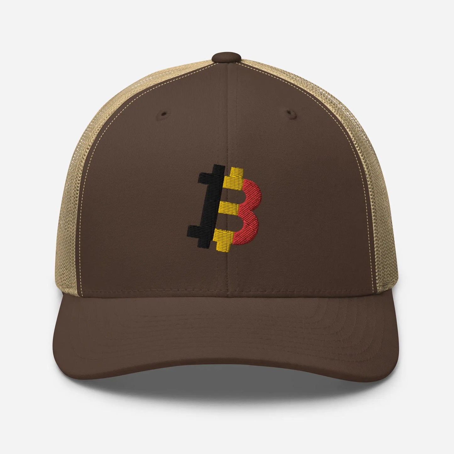 belgian bitcoin flag trucker hat front view brown and khaki
