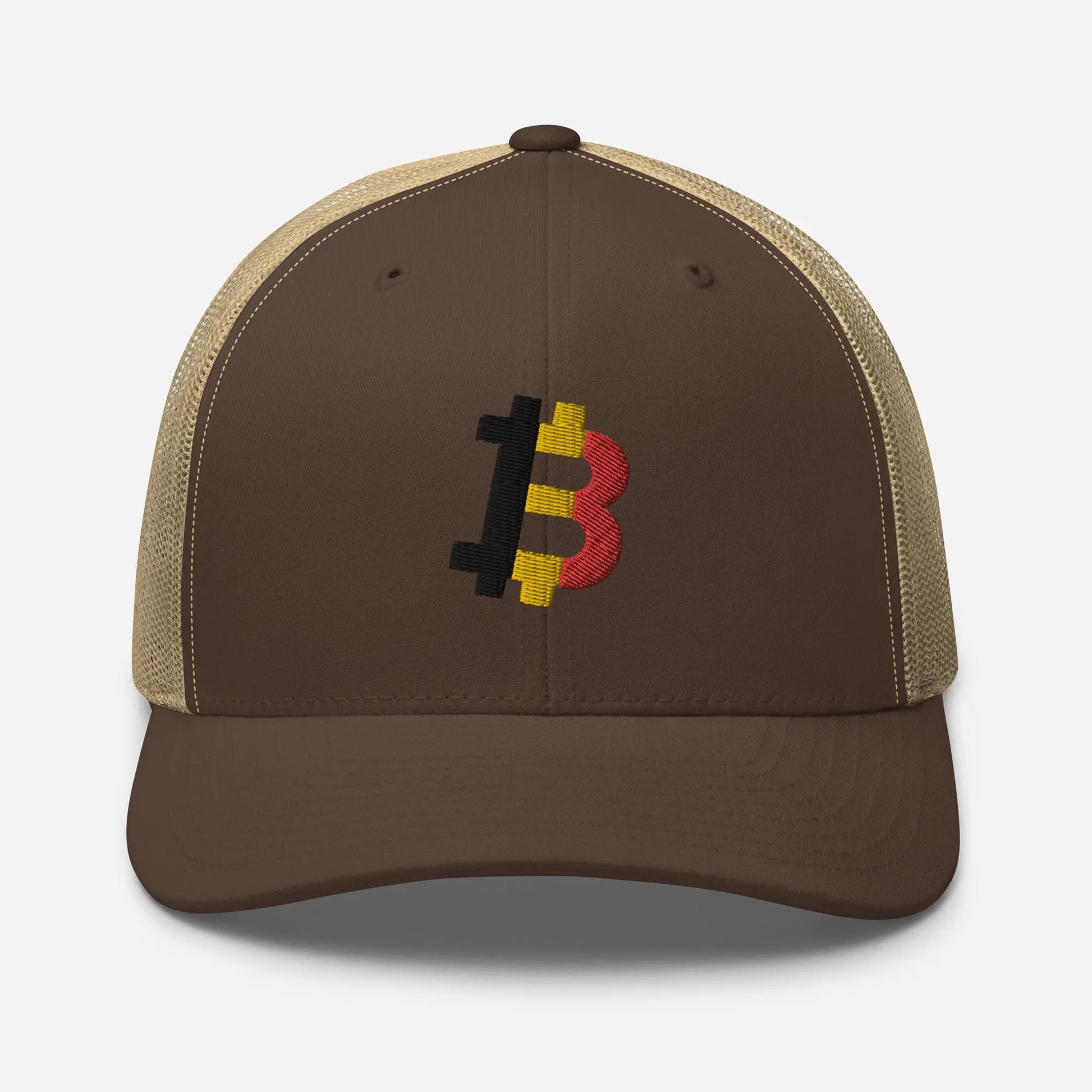 belgian bitcoin flag trucker hat front view brown and khaki