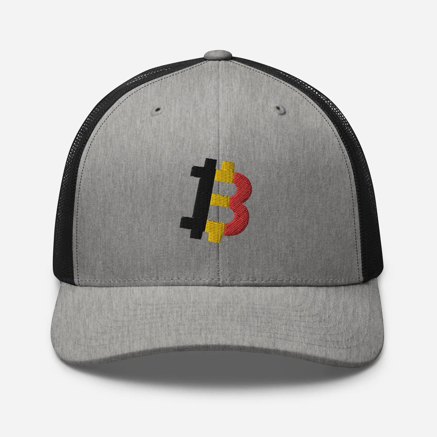 belgian bitcoin flag trucker hat front view heather and black
