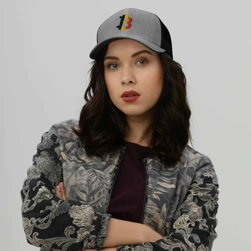 belgian bitcoin hat worn on model heather and black