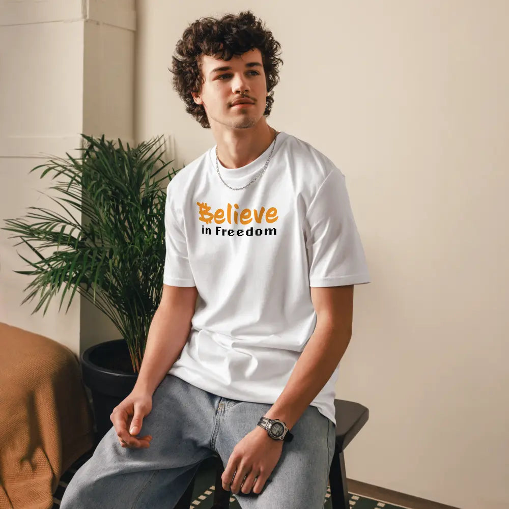 Bitcoin T-Shirt – Believe in Freedom -worn on model - white