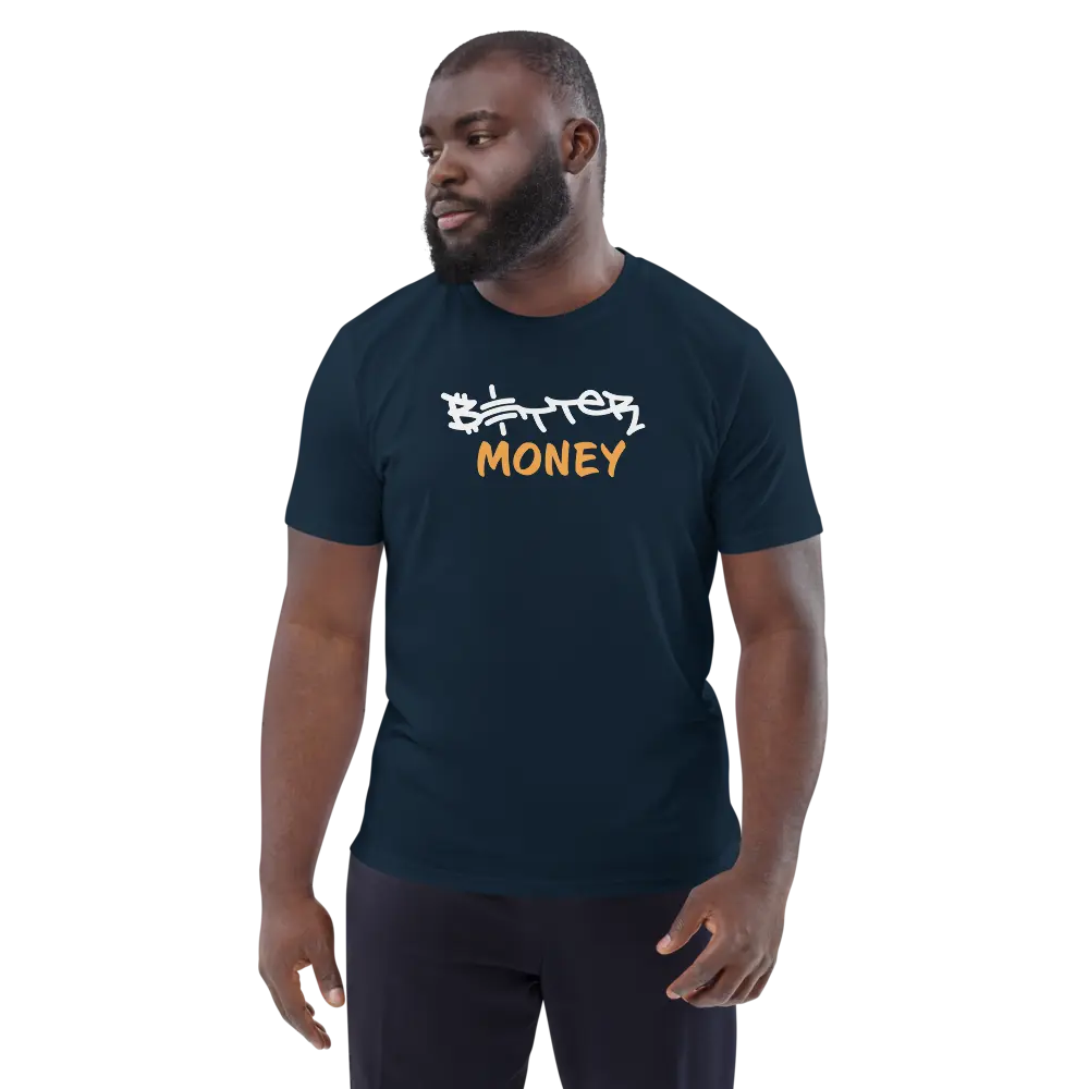 Bitcoin T-Shirt – Better Money - worn on model - navy blue