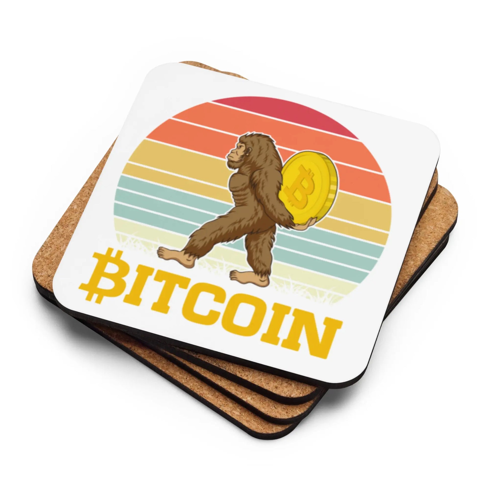 Stack of Big Foot Bitcoin coasters showing cork backing
