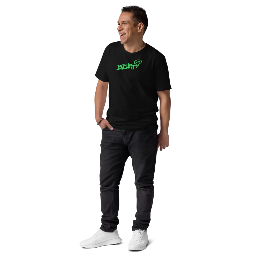 Bitchat T-Shirt – By BitPopArt | Store of Value — worn on male model - smile