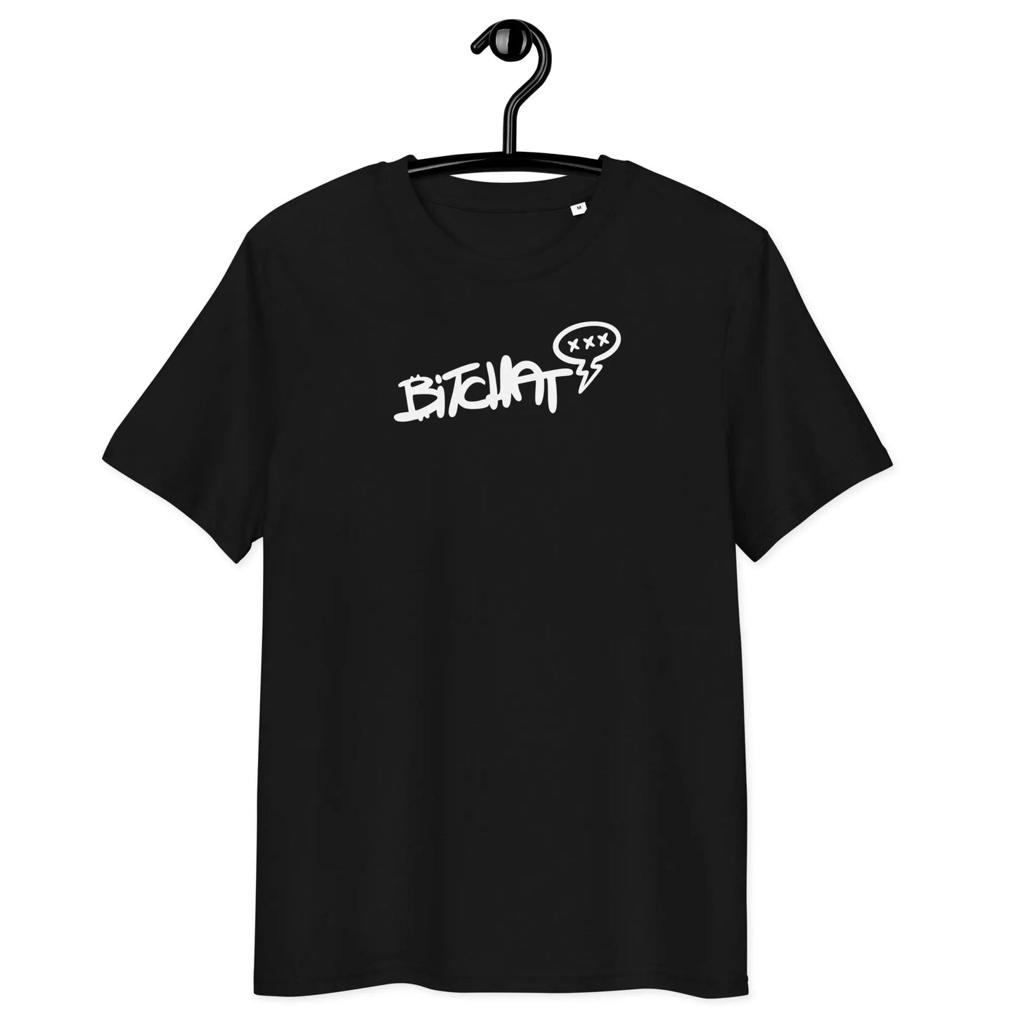 Bitchat T-Shirt – By BitPopArt | Store of Value — on hanger - black color