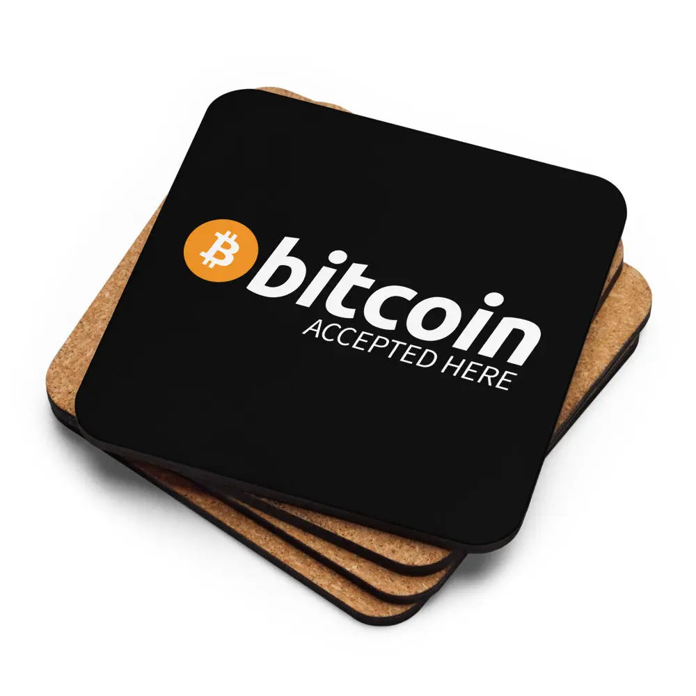 Stack of Bitcoin Accepted Here coasters showing cork backing