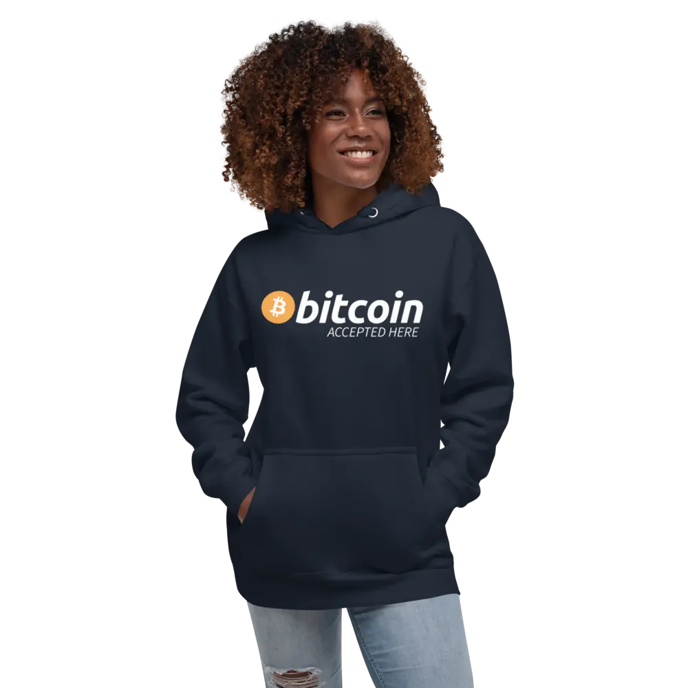 bitcoin hoodie - bitcoin accepted here - worn by female model