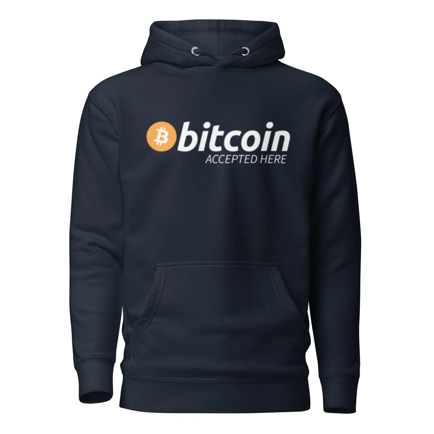 bitcoin hoodie - bitcoin accepted here - front view - navy blue