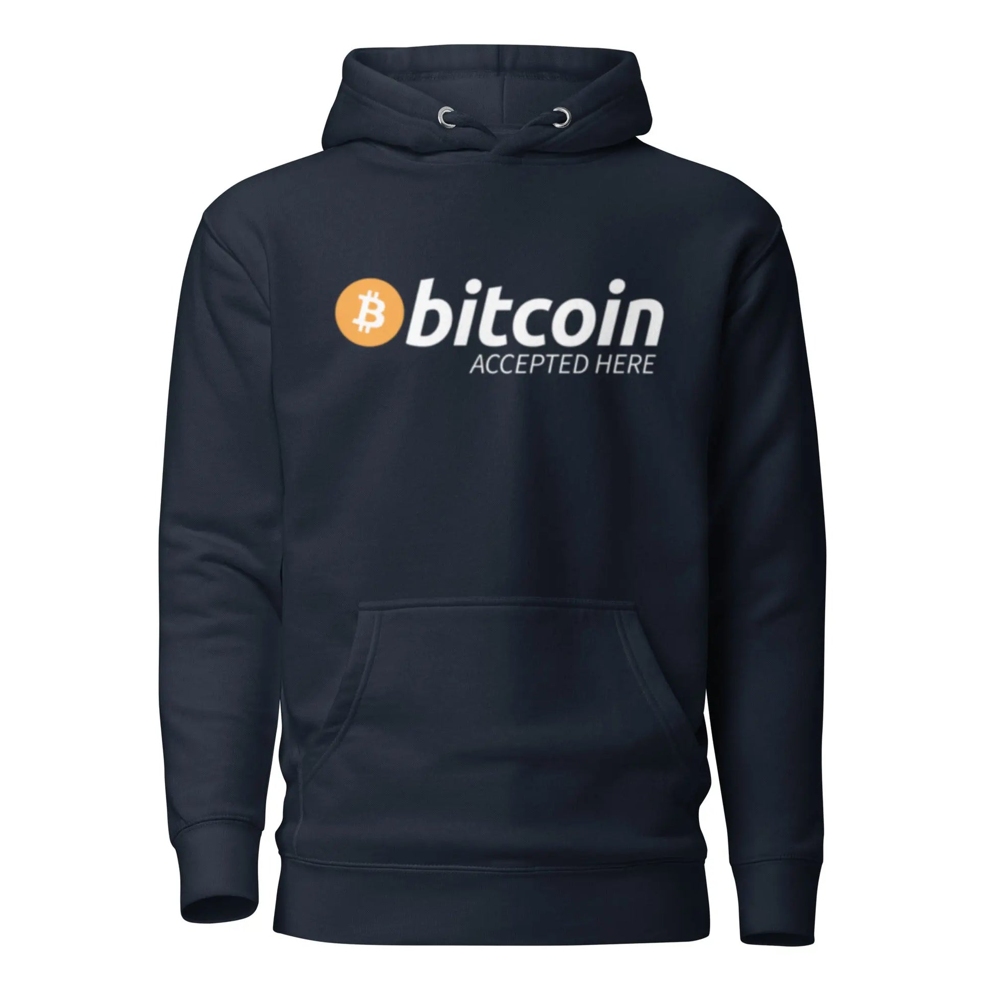 bitcoin hoodie - bitcoin accepted here - front view - navy blue