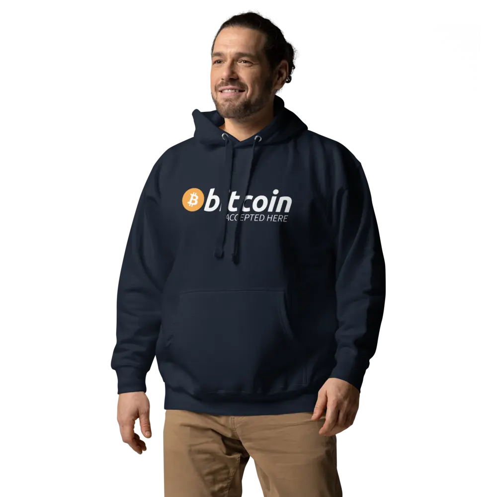 bitcoin hoodie - bitcoin accepted here - worn by model - front view