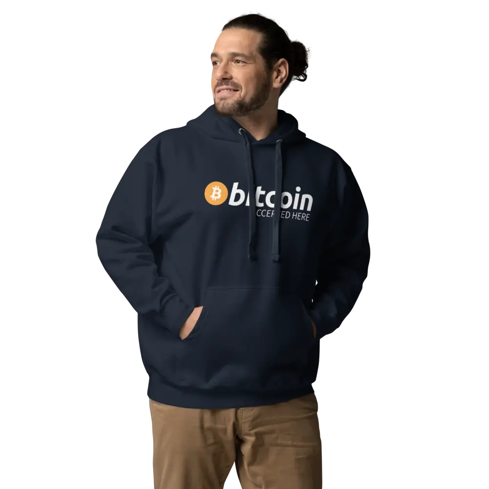 bitcoin hoodie - bitcoin accepted here - worn by model