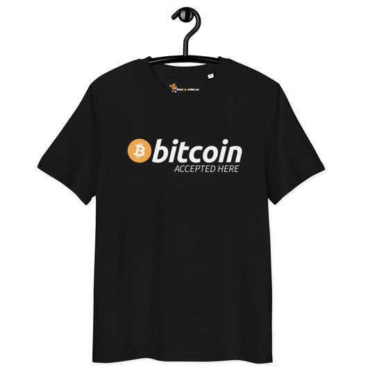 Bitcoin T-Shirt – Bitcoin Accepted Here - on hanger - black