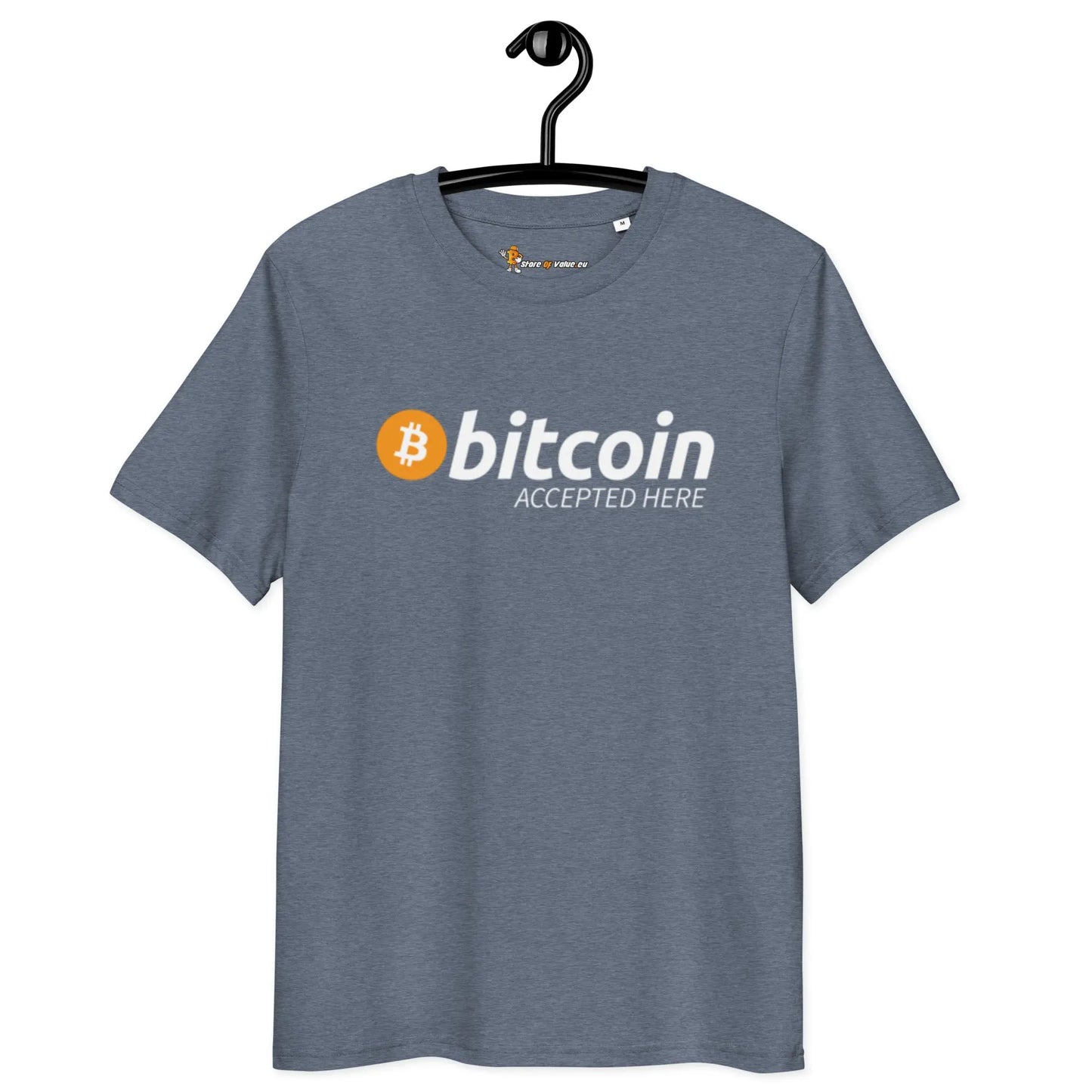 Bitcoin T-Shirt – Bitcoin Accepted Here - on hanger - blue 