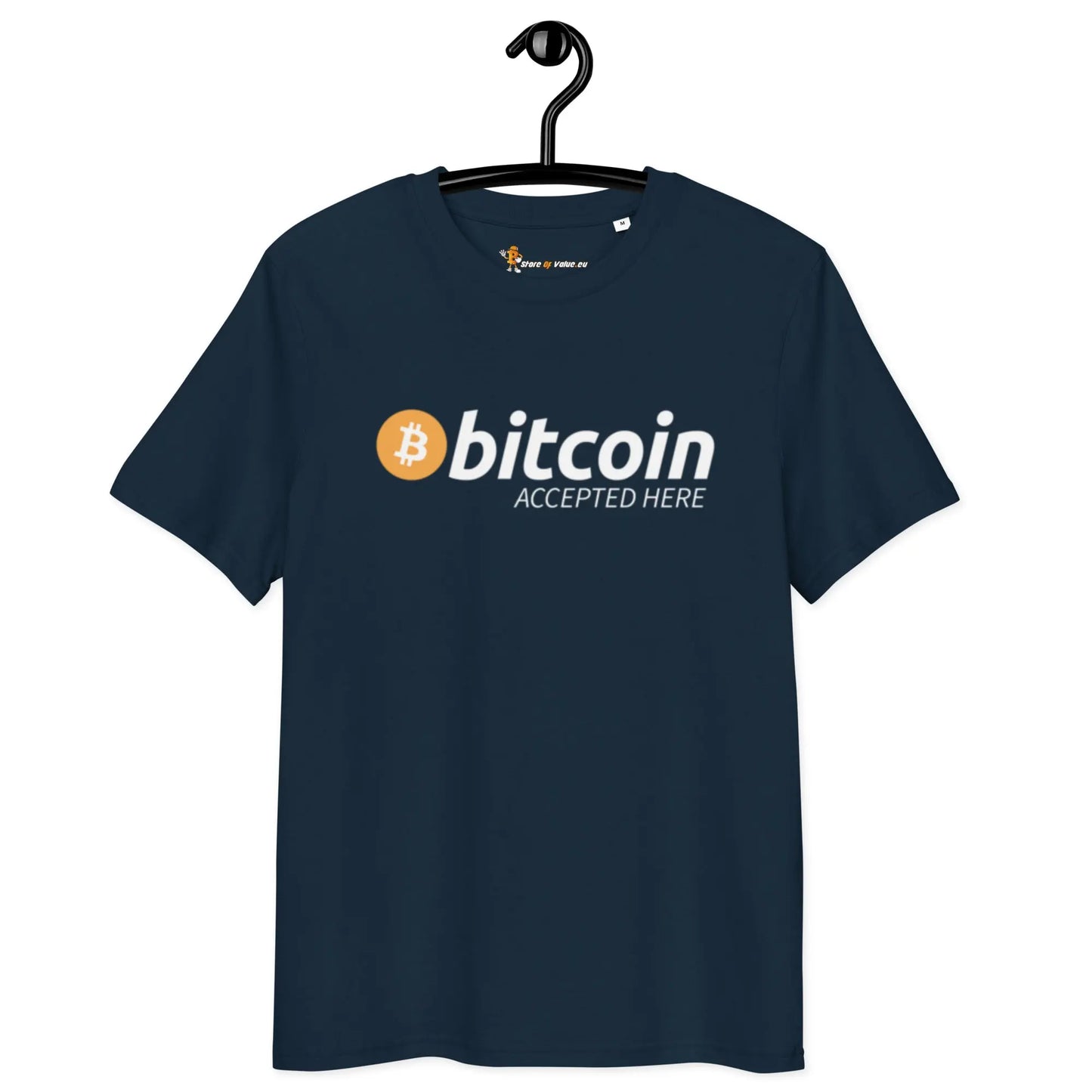 Bitcoin T-Shirt – Bitcoin Accepted Here - on hanger - navy 