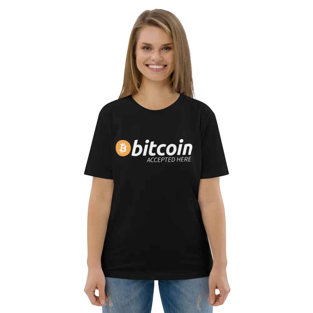 Bitcoin T-Shirt – Bitcoin Accepted Here - worn on female model - black - front