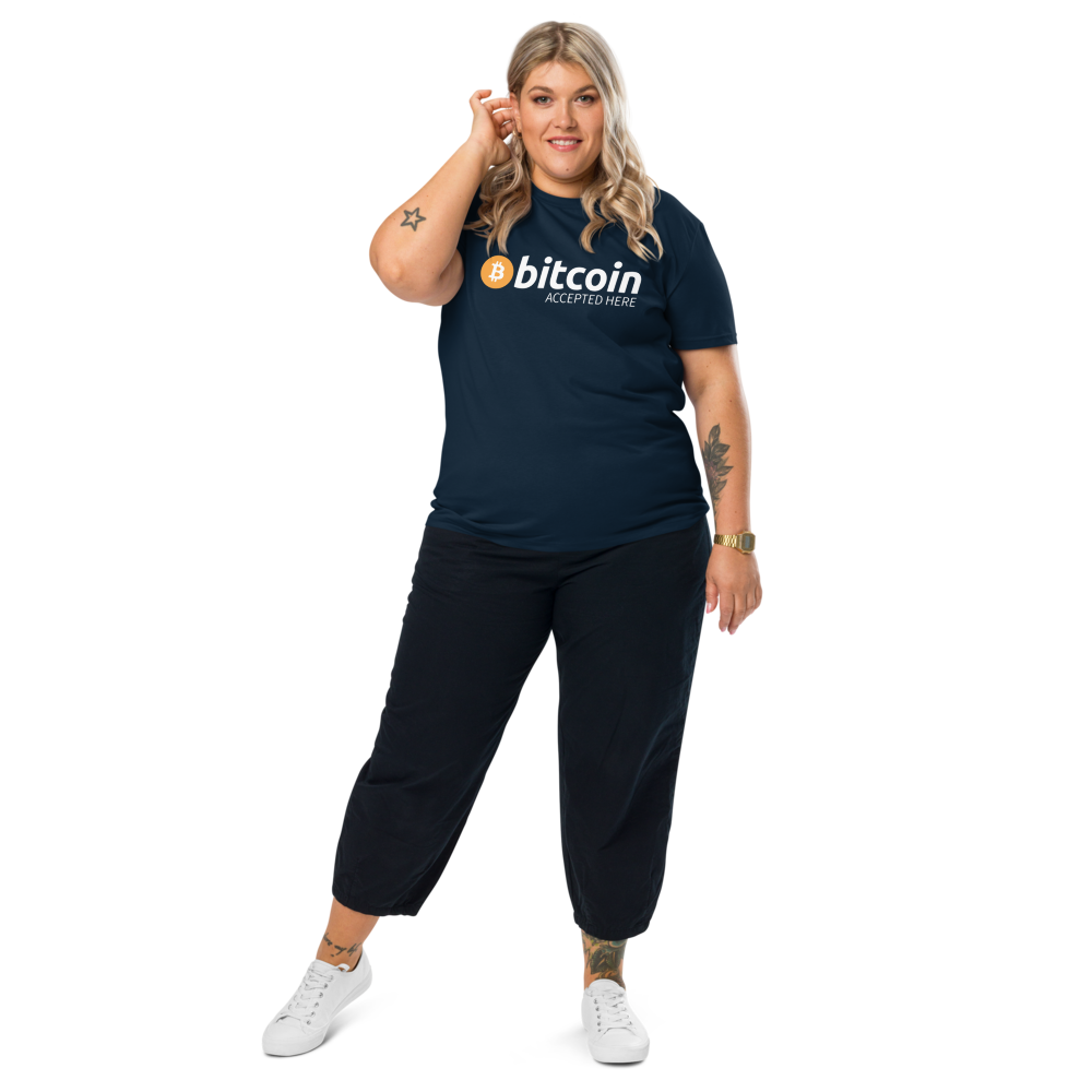 Bitcoin T-Shirt – Bitcoin Accepted Here - worn on female model - navy blue - front