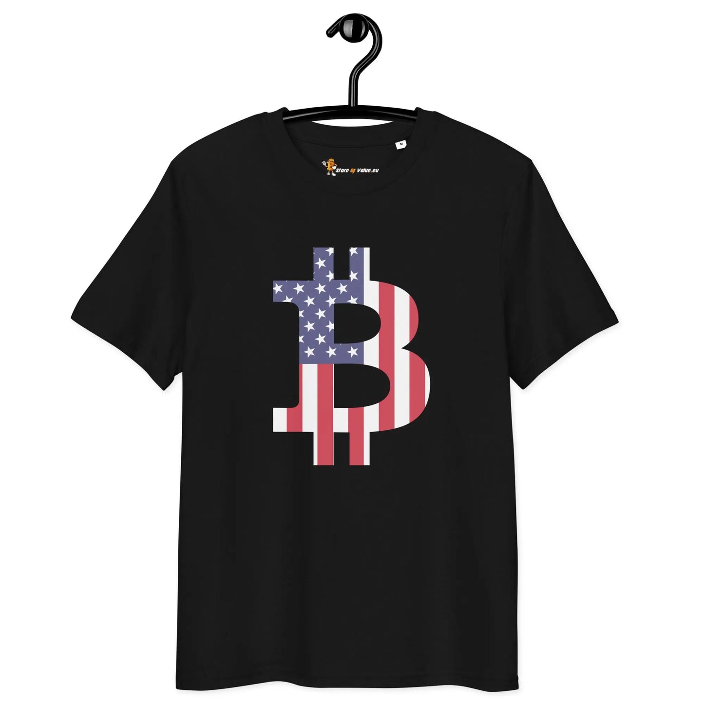 Bitcoin T-Shirt – American Bitcoin Flag - on hanger - black