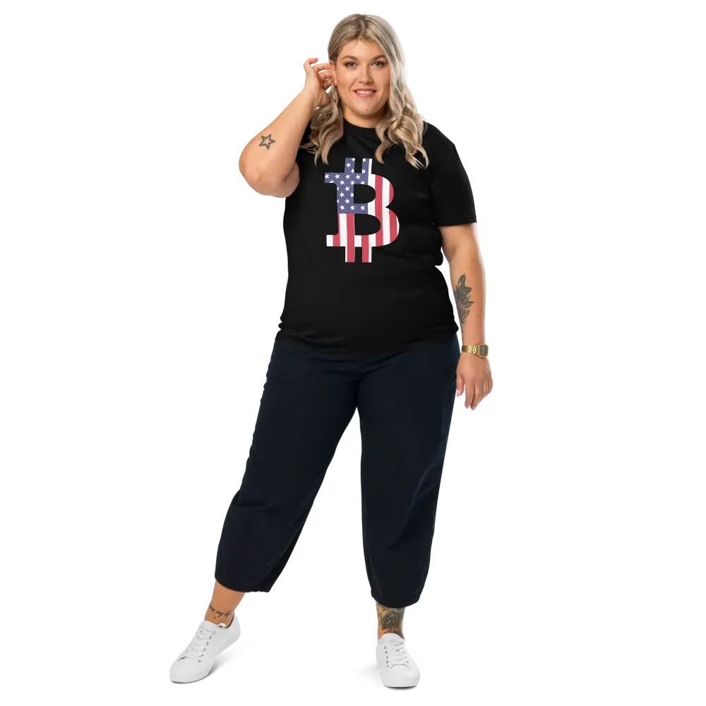 Bitcoin T-Shirt – American Bitcoin Flag -worn on female model - black