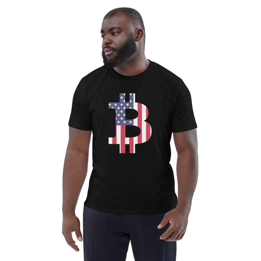 Bitcoin T-Shirt – American Bitcoin Flag - worn on male model - black