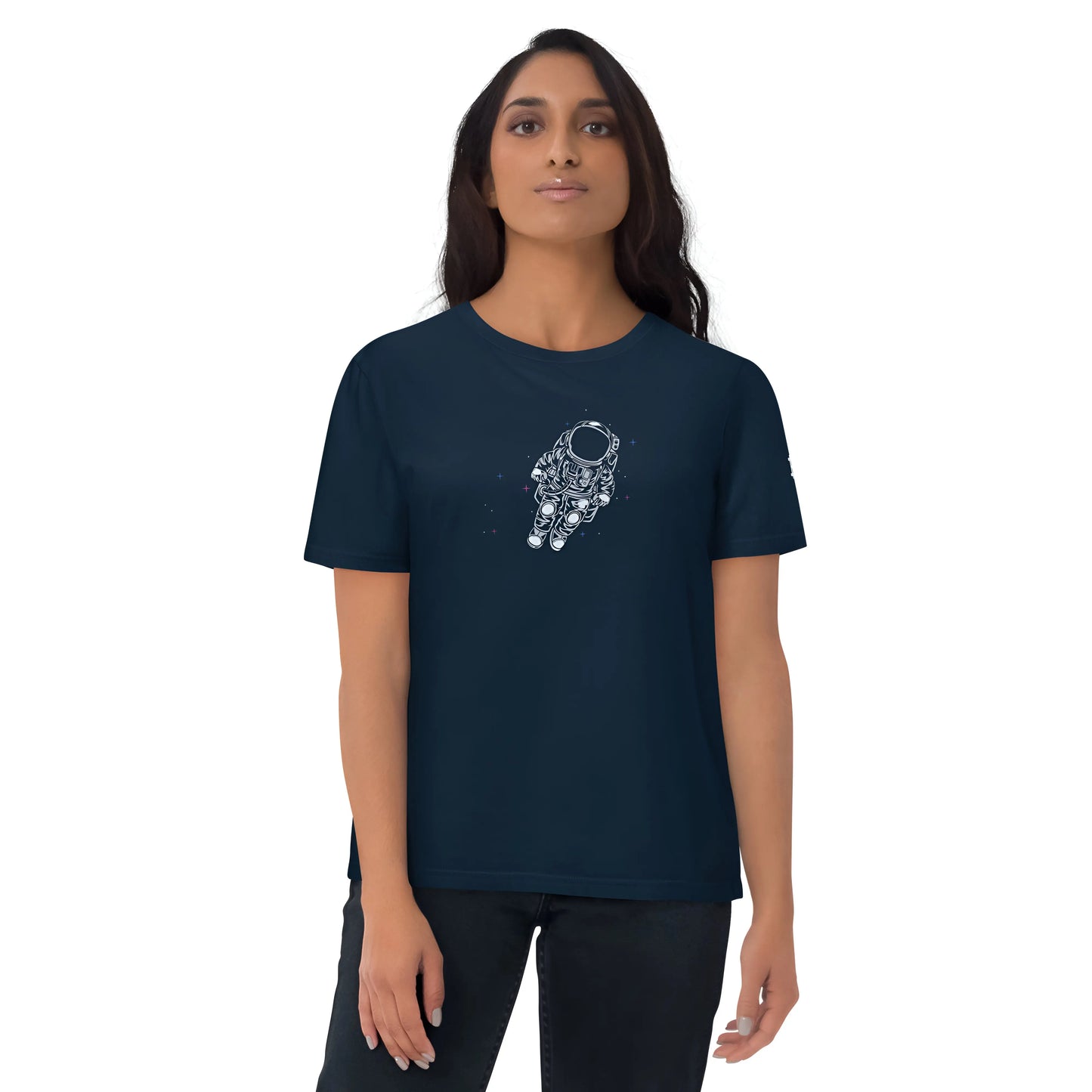 bitcoin t-shirt - bitcoin astronaut to the moon - worn on female model - blue