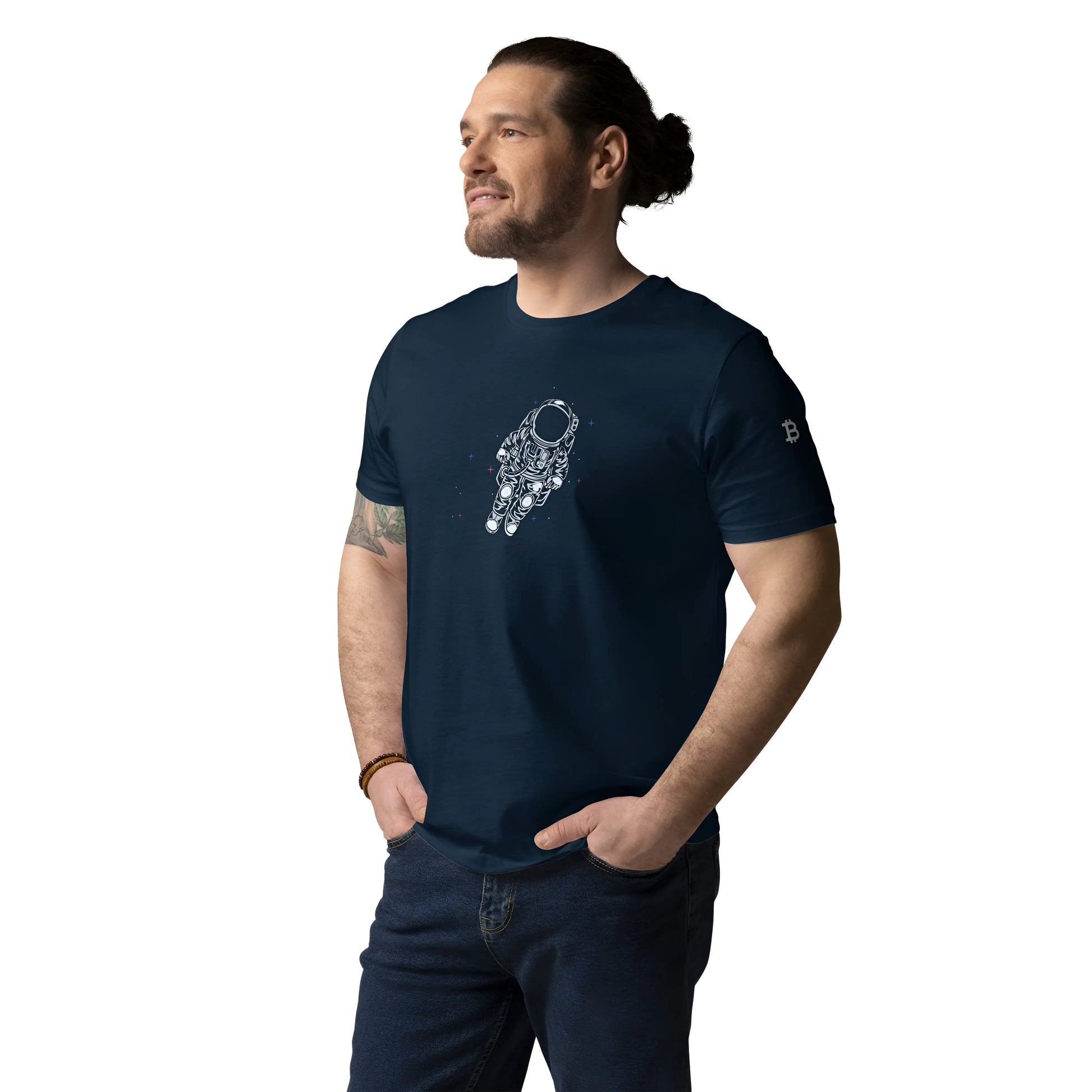 bitcoin t-shirt - bitcoin astronaut to the moon - worn on male model - blue