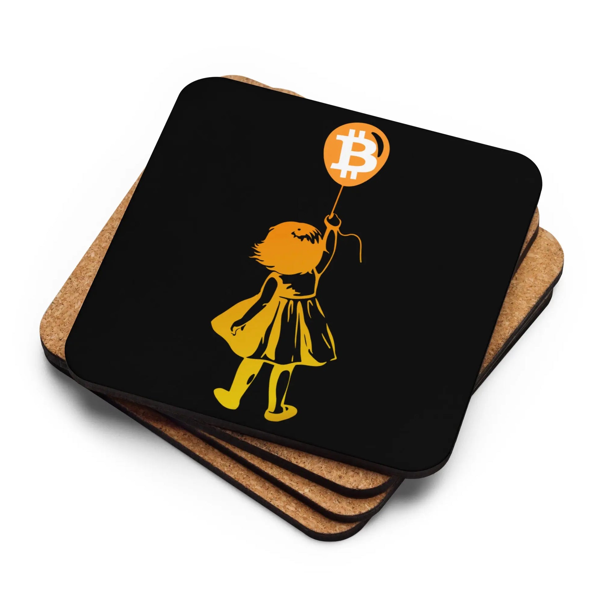 Stack of Bitcoin Balloon Girl Bitcoin coasters showing cork backing