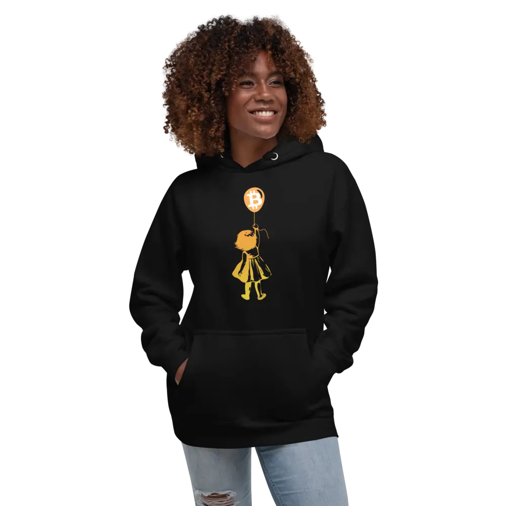 bitcoin hoodie - bitcoin balloon girl - worn by female model
