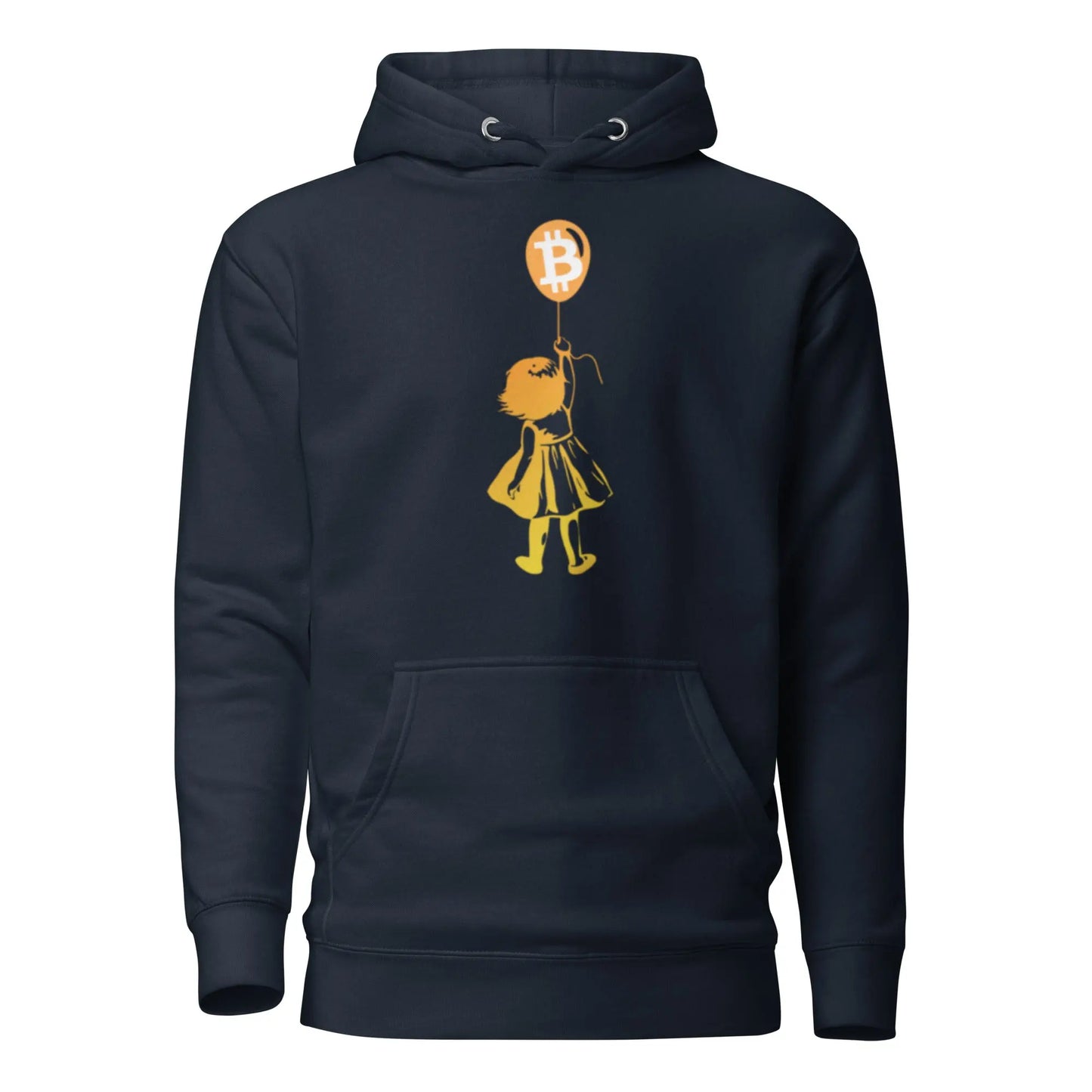 bitcoin hoodie - bitcoin balloon girl - front view - navy blue